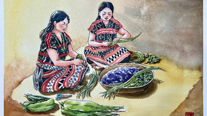 阮琼妆作者的“达渥族妇女制作牛角饼”。 阮琼妆作者的“达渥族妇女制作牛角饼”。