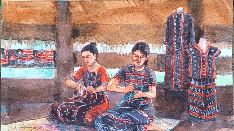 阮秋姮作者的“达渥(Tà Ôi)族妇女编织草席”。 阮秋姮作者的“达渥(Tà Ôi)族妇女编织草席”。