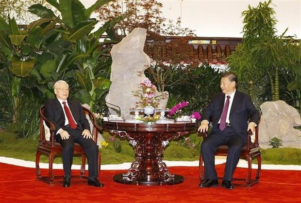 越共中央总书记阮富仲与中共中央总书记、中国国家主席习近平品茶。(图片来源:越通社) 越共中央总书记阮富仲与中共中央总书记、中国国家主席习近平品茶。(图片来源:越通社)