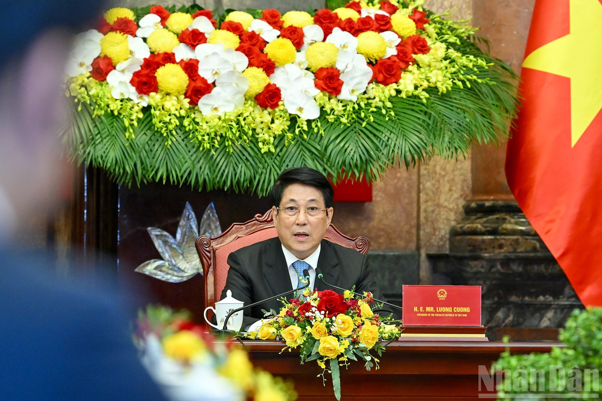 越南国家主席梁强发表讲话。 越南国家主席梁强发表讲话。