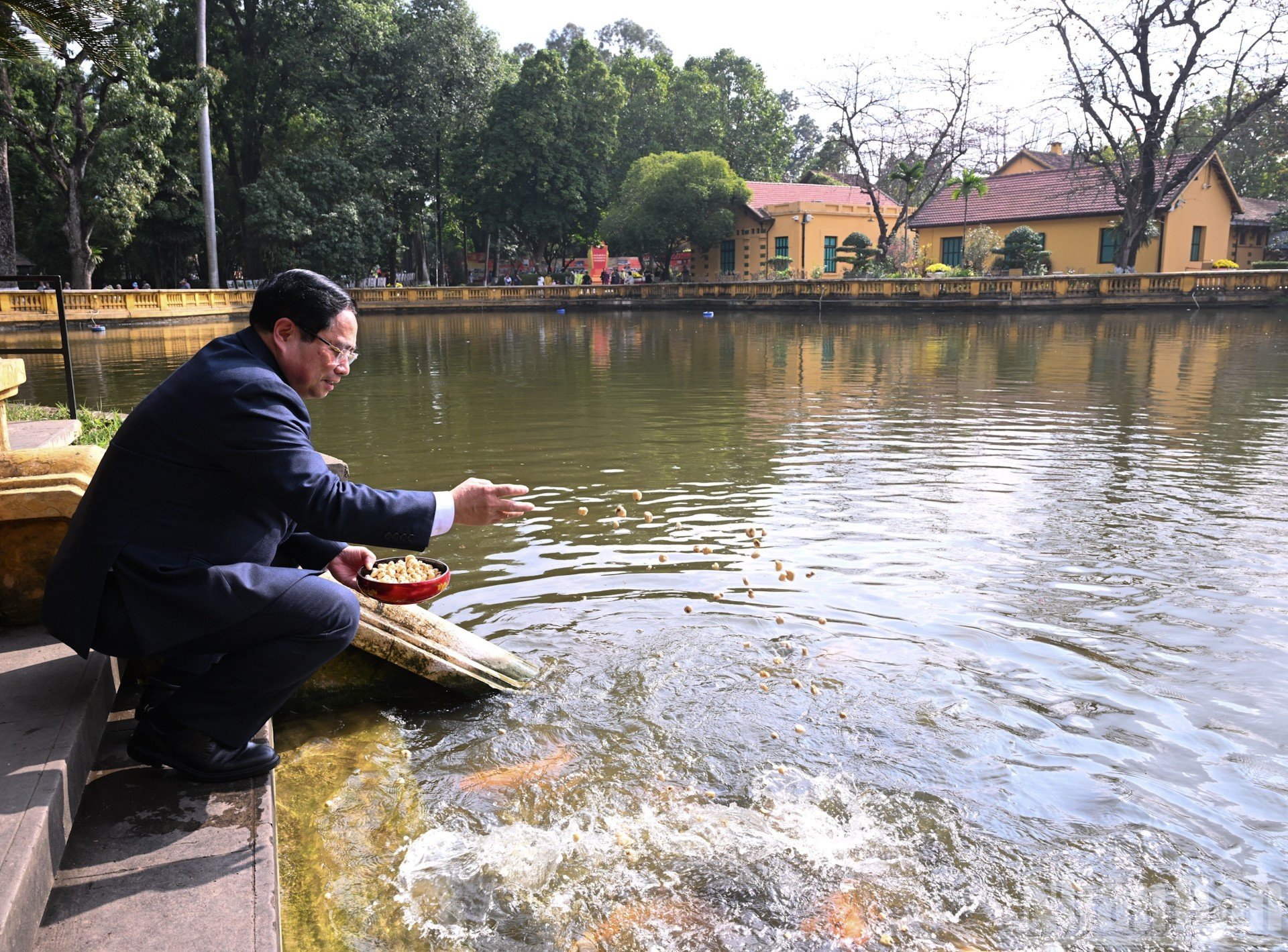 范明正总理在胡伯伯鱼塘喂鱼。