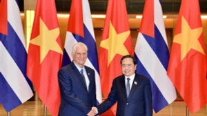 越南国会主席陈青敏会见古共中央第一书记、古巴国家主席迪亚斯-卡内尔。（图片来源：dangcongsan.vn）