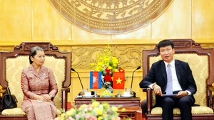 宁平省委书记陈辉俊（右）与柬埔寨祖国发展团结阵线国家委员会主席梅森安。（图片来源：越通社）