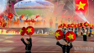 庆祝越共十四大成功的文艺演出。（青山 摄）