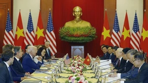 越共中央总书记阮富仲与美国总统乔·拜登于2023年9月10日下午在河内举行会谈。（图片来源：越通社）