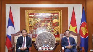 越南驻老挝大使阮明心会见老挝人民革命党中央对外部部长本勒瓦·潘达努翁。