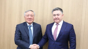 越南政府常务副总理阮和平与哈萨克斯坦国家银行行长提穆尔·苏莱曼诺夫握手。