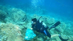 附图：收拾海底塑料垃圾。