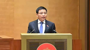 越南财政部部长阮文胜在会议上作报告。