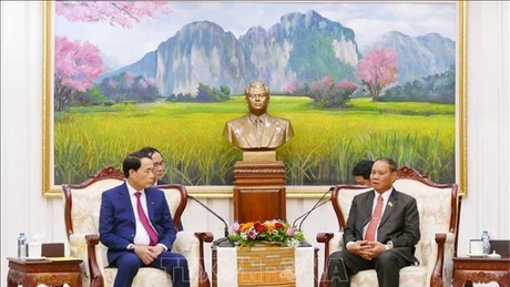 老挝人民革命党中央政治局委员、中央书记处常务书记维莱·拉坎丰上将会见越共中央委员、越南公安部副部长、越老公安合作会议主席黎国雄上将。（图片来源：越通社）