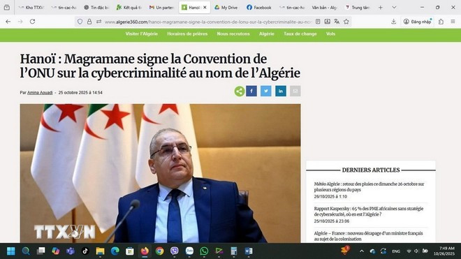 阿尔及利亚新闻网Algerie360也发表文章称,该国签署《河内公约》一事是国际数字安全合作迈出的历史性一步。(图片来源:越通社) 02-240.jpg