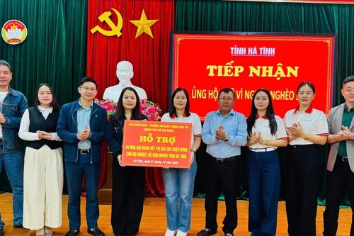 工作代表团向河静省困境家庭赠送慰问品。