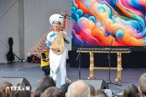 越南(法国）文化中心的艺术家在2025年韩国博览会上演出。（图片来源：越通社）