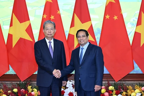 越南政府总理范明正与中共中央政治局常委、中国全国人大常委会委员长赵乐际亲切握手合影。