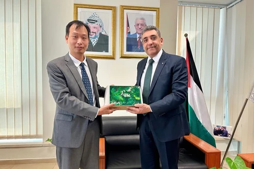 阮南阳大使会见巴勒斯坦外交与侨民事务部副部长奥马尔·阿瓦达拉（Omar Awadallah）。（图片来源：越南驻埃及大使馆）