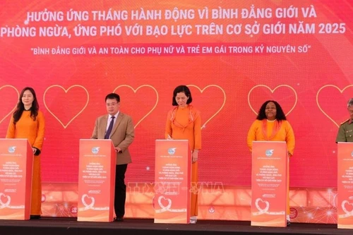 与会代表举行仪式，承诺携手促进数字时代的性别平等。（图片来源：越通社）