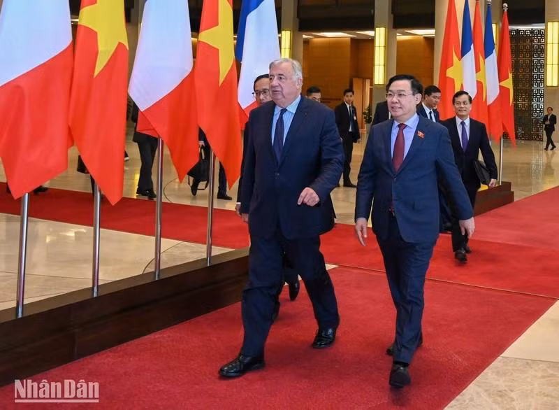 越南国会主席王廷惠与法国参议院议长热拉尔·拉尔歇在会谈结束后出席越法建交50周年系列庆祝活动启动仪式。