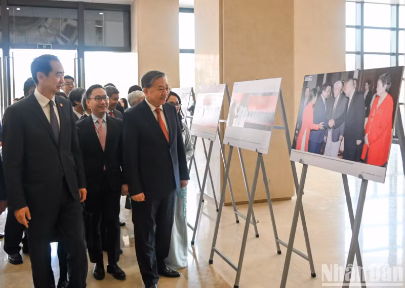 苏林总书记参观“越中建交75周年成就图片展”。