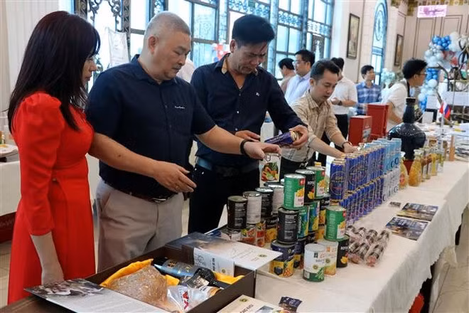 各位代表参观海阳省“一乡一品”展位和俄罗斯产品的展位。（图片来源：越通社）