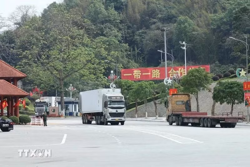 进出口货物通过谅山友谊国际口岸通关的运输车辆。（图片来源：越通社）