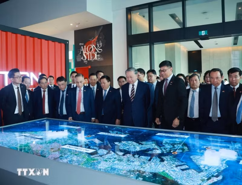 苏林总书记参观巴西班让港模型。（图片来源：越通社）