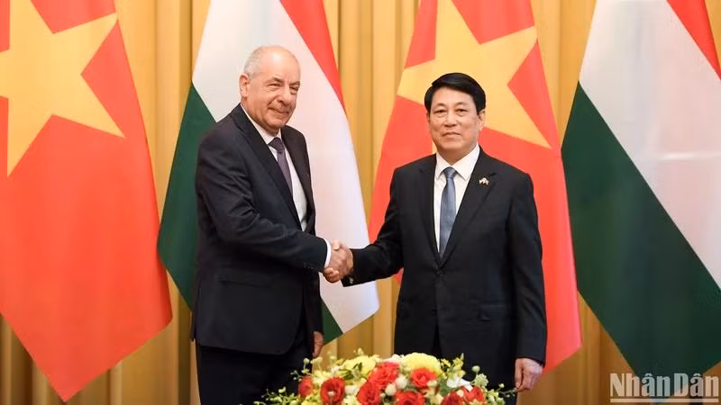 越南国家主席梁强与匈牙利总统舒尤克·道马什举行会谈。