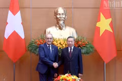 越共中央总书记、国家主席苏林同瑞士联邦主席居伊·帕姆兰握手。（登科 摄）
