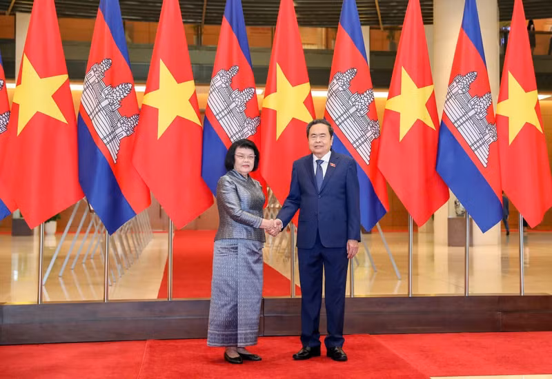 越南国会主席陈青敏与柬埔寨国会主席昆索达莉举行会谈。