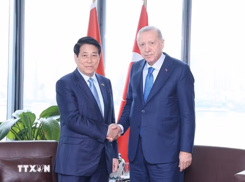 越南国家主席梁强在纽约会见土耳其总统雷杰普·塔伊普·埃尔多安。（图片来源：越通社）