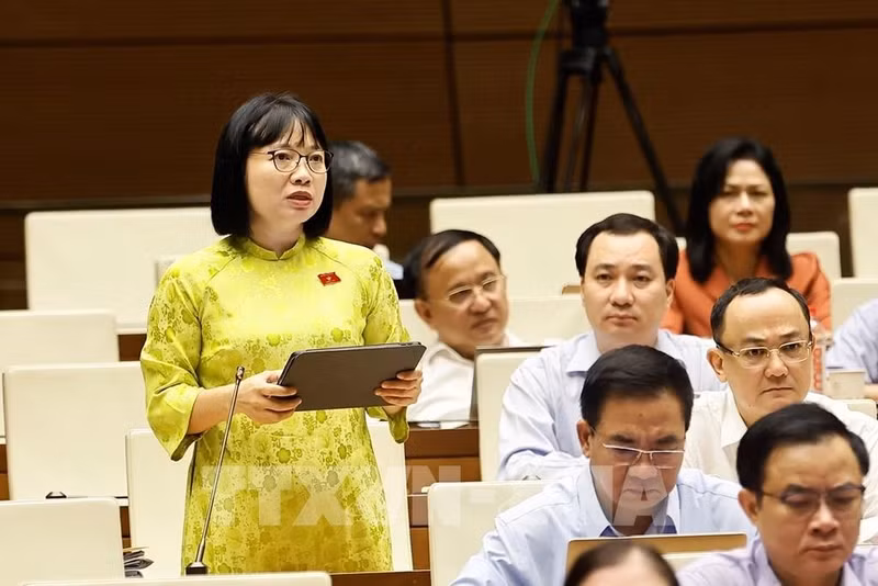 海防市代表阮氏越娥在会上发表讲话。（图片来源：越通社）