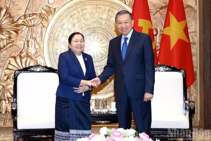越共中央总书记、国家主席苏林会见老挝人民革命党中央组织部部长西赛。（登科 摄）