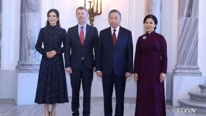 越共中央总书记、国家主席苏林及夫人吴芳璃会见丹麦国王腓特烈十世和王后玛丽。（图片来源：越通社）