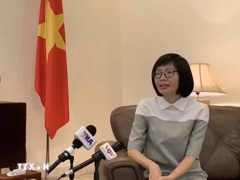 越南常驻东盟代表团团长孙氏玉香大使回答记者的采访。（图片来源：越通社）