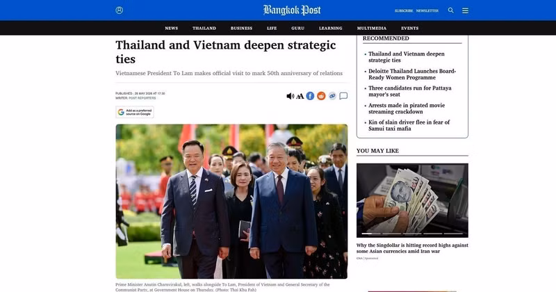 泰国《民族报》报道：“越南肯定与泰国致力于促进东盟经济的增长合作 ”。（屏幕截图）