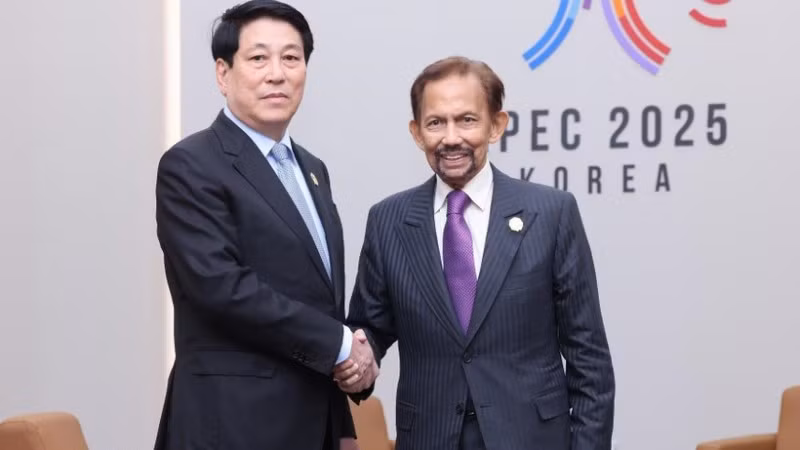 越南国家主席梁强与文莱苏丹哈桑纳尔·博尔基亚在2025年韩国APEC会议期间会晤。（图片来源：越通社）