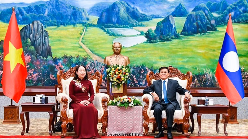 越南国家副主席武氏映春礼节性拜会老挝人民革命党中央总书记、国家主席通伦·西苏里。