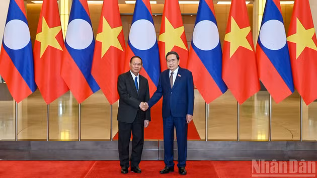 越南国会主席陈青敏和老挝人民革命党中央书记处常务书记维莱·拉坎丰。