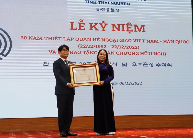 越南国家副主席武氏映春向三星电子（越南太原）有限公司总经理李炳国授予国家主席友谊勋章。（图片来源：越通社）