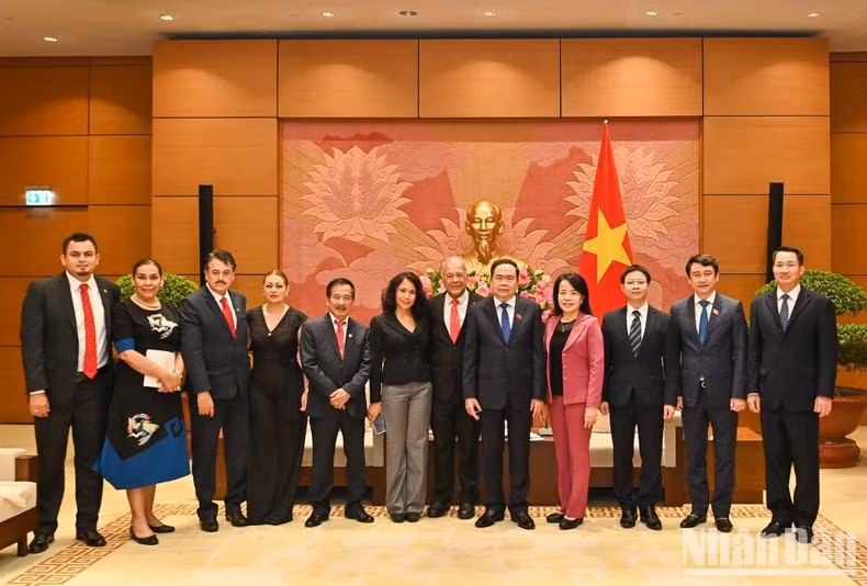 国会常务副主席陈青敏和墨西哥劳动党总书记阿尔贝托•安纳亚•古铁雷斯同与会代表合影留念。