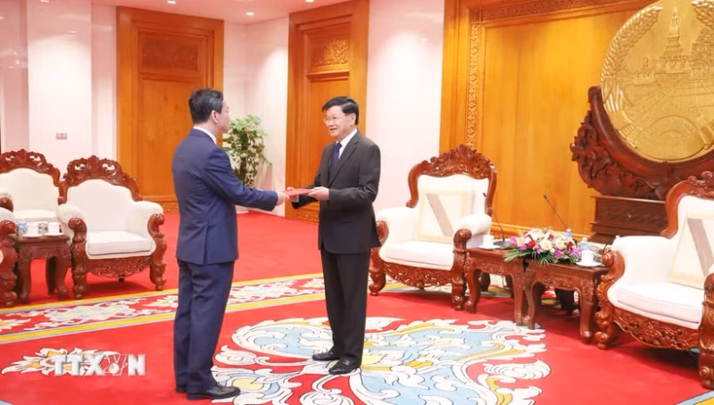 越南驻老挝大使阮明心向老挝人民革命党中央总书记、国家主席通伦·西苏里递交国书。（图片来源：越通社）
