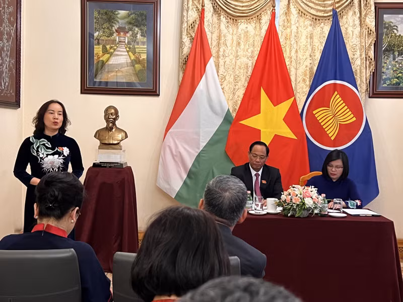 越南国会副主席陈光方和越南驻匈牙利大使阮氏碧草倾听与解答旅居匈牙利越南人的问题。（图片来源：越通社）