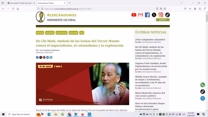 阿根廷网站Acercandonos Cultura发布题为“胡志明主席——第三世界反帝国主义和殖民主义斗争的象征”的文章。（图片来源：越通社）