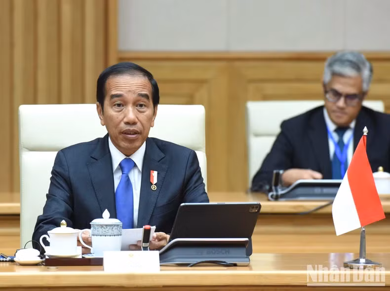 印尼总统佐科·维多多在会见中发表讲话。