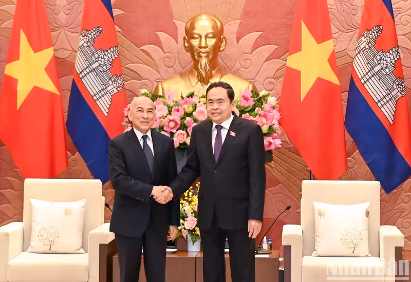 越南国会主席陈青敏会见柬埔寨国王诺罗敦·西哈莫尼。