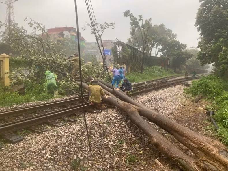 职能力量清除堵塞铁路线的倒下树木。