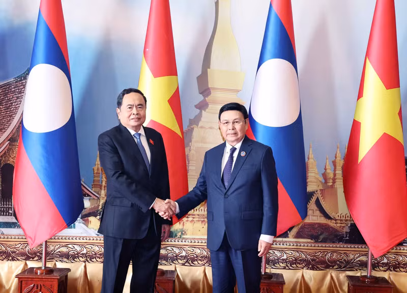 越南国会主席陈青敏与老挝国会主席赛宋蓬·丰威汉。（图片来源：越通社）