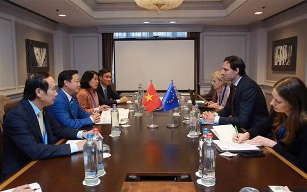 越南政府副总理陈红河会见欧盟气候专员沃普克-霍克斯特拉。 越南政府副总理陈红河会见欧盟气候专员沃普克-霍克斯特拉。