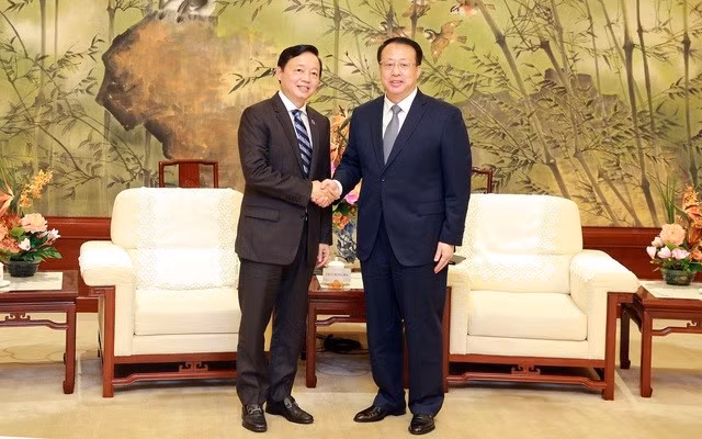 越南政府副总理陈红河（左）会见上海市市长龚正。（图片来源：越通社）