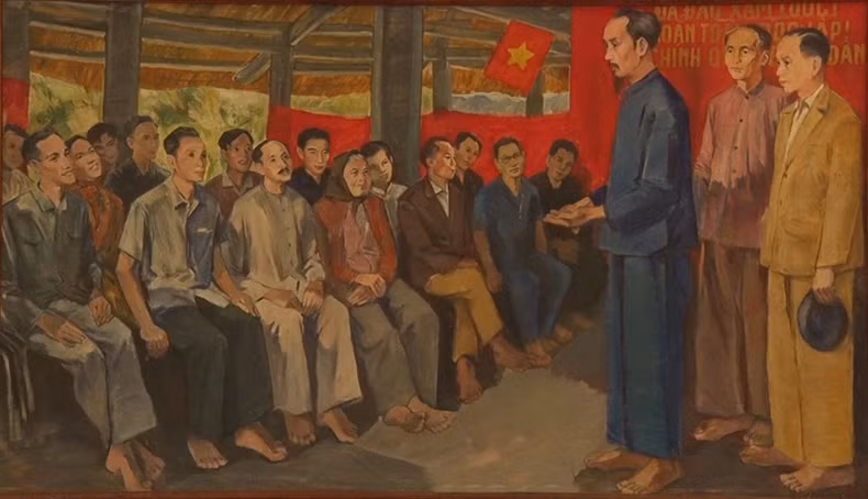 胡志明主席在新潮祠堂同国民代表交谈。(油画,画家高沧) 胡志明主席在新潮祠堂同国民代表交谈。(油画,画家高沧)