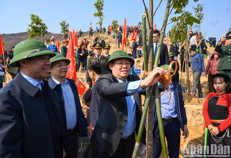 国会主席王廷惠和各位代表在启动仪式上植树。